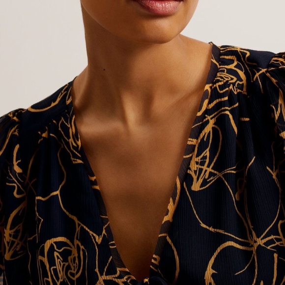 Ted Baker V Neck Printed Tie Front Mini Dress Navy - Size 1 - Picture 4 of 6